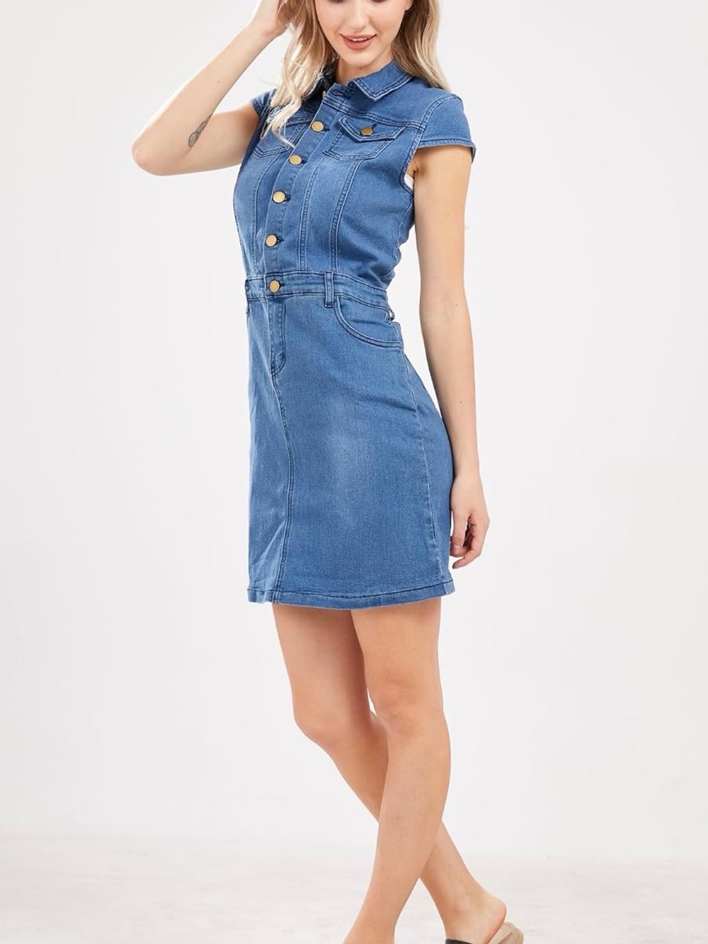 Light Blue Body Con Denim Mini Dress with Button Front